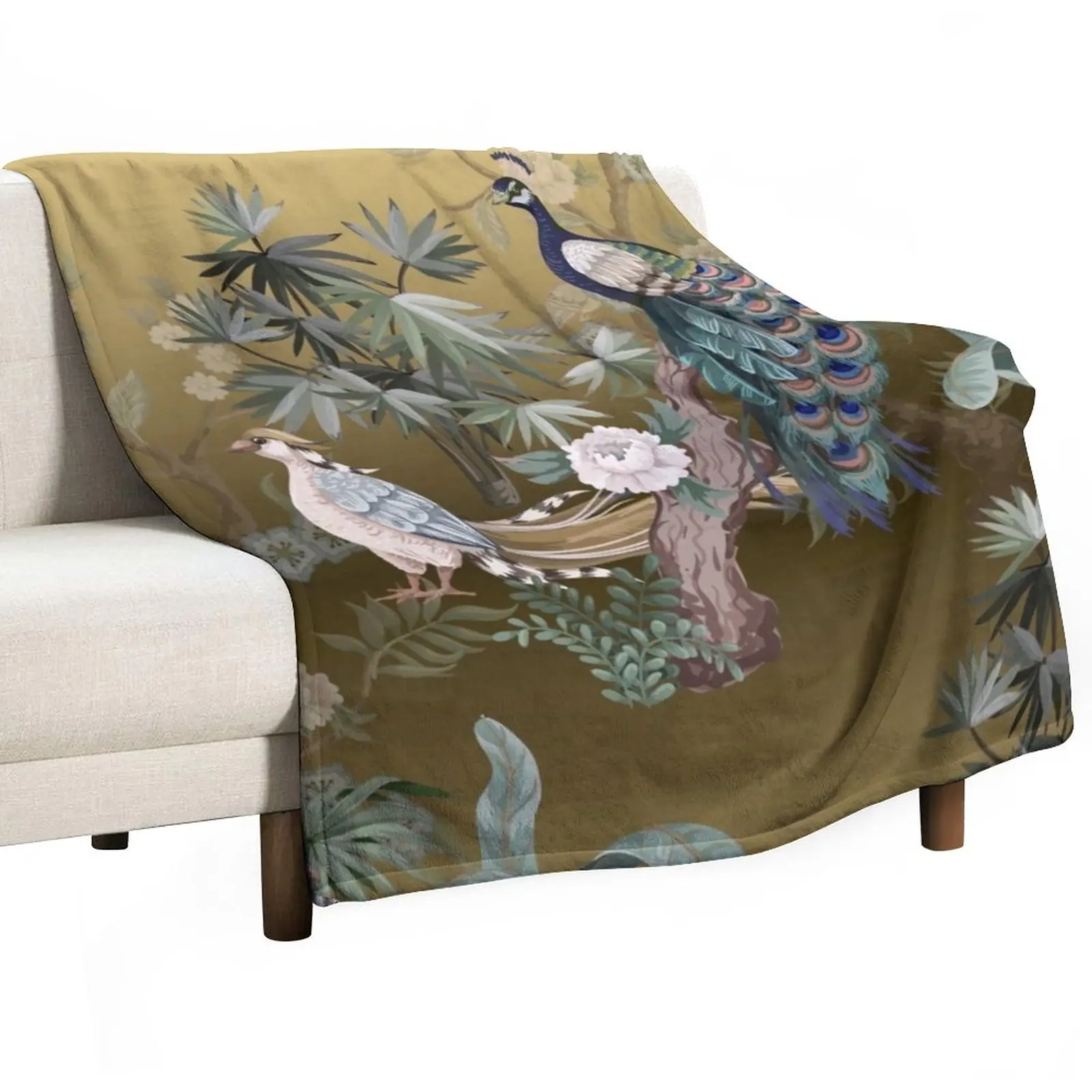 

Fengshui Oriental Chinoiserie - Gold Leaf Garden with Peacock and Quail Throw Blanket Comforter Blanket Blanket Sofa