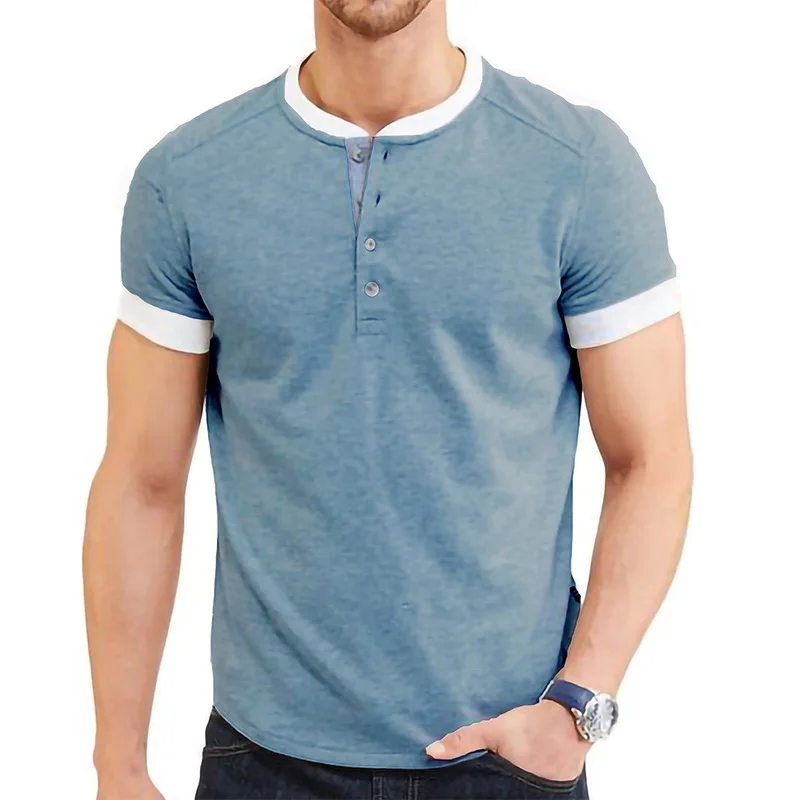 

Summer men's short sleeve T-shirt men's Henley collar solid color T-shirt
