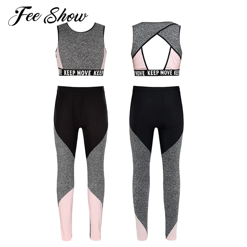 

New Kids Girls Summer Set Workout Running Sports Suit Wide Shoulder Straps Sports Top and Sport Pants Children Fitness Tracksuit