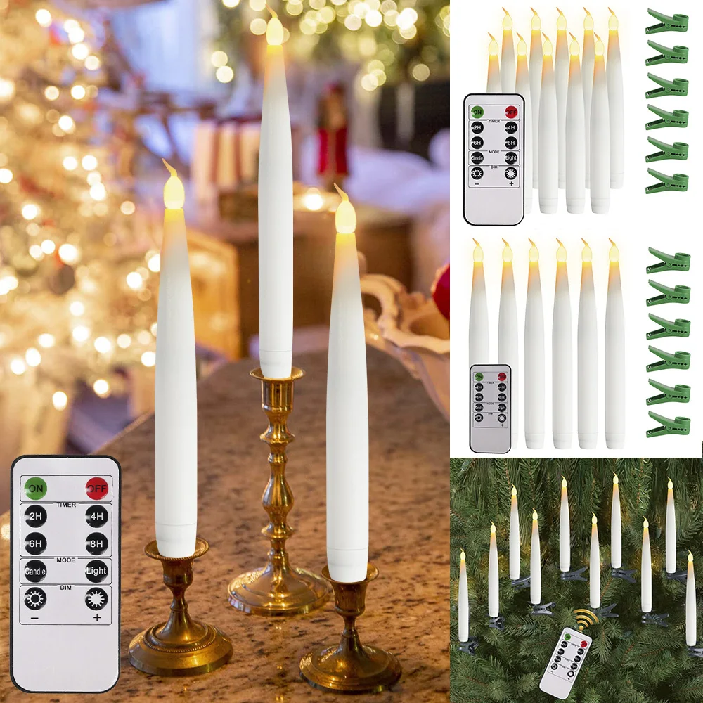 6/10pc Taper Flameless Candles Lights with Clips Battery Remote LED Dripless Floating Flickering Candles Birthday Party Decor