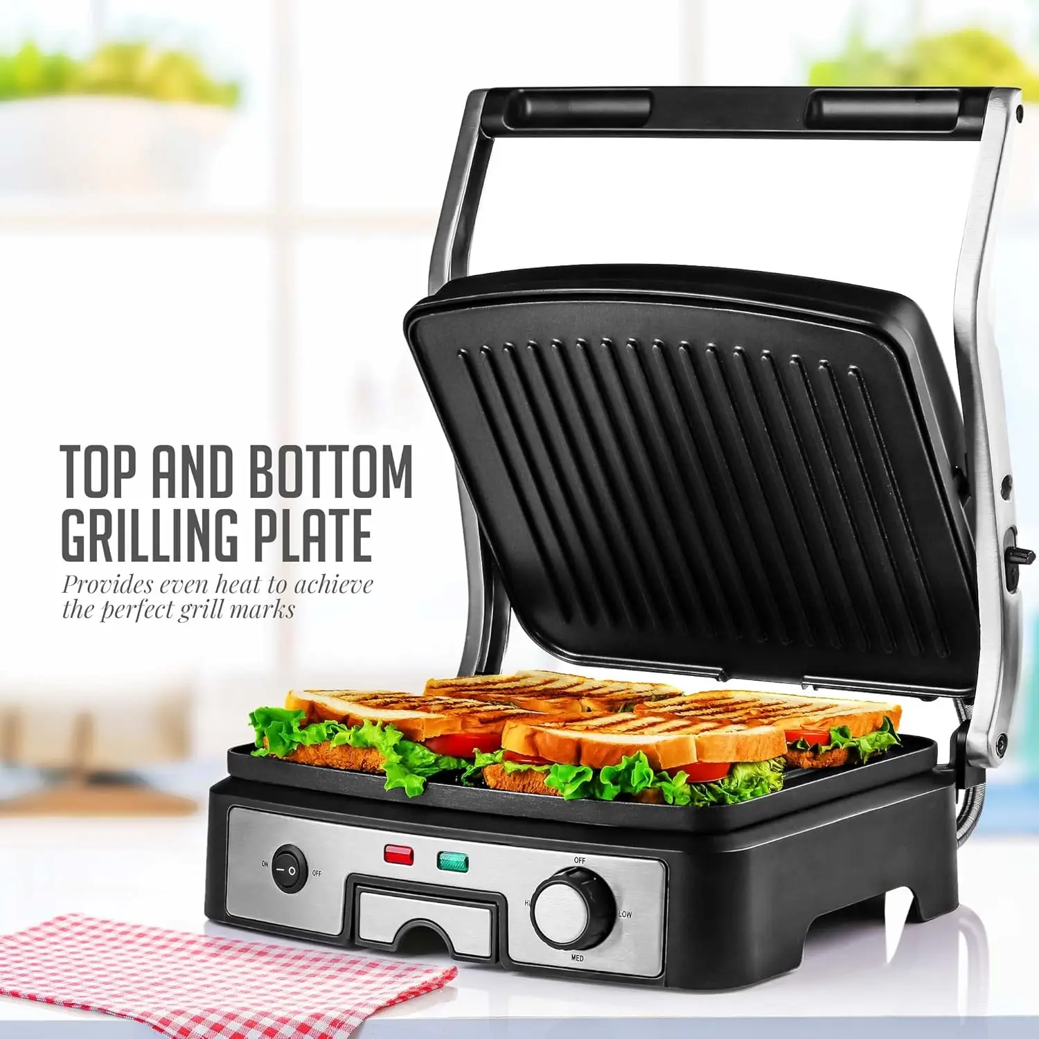 Electric Panini Press Sandwich Maker, 1500W Indoor Grill with Non-Stick Coated Plates, Temperature Control & Removable Drip Tray 5