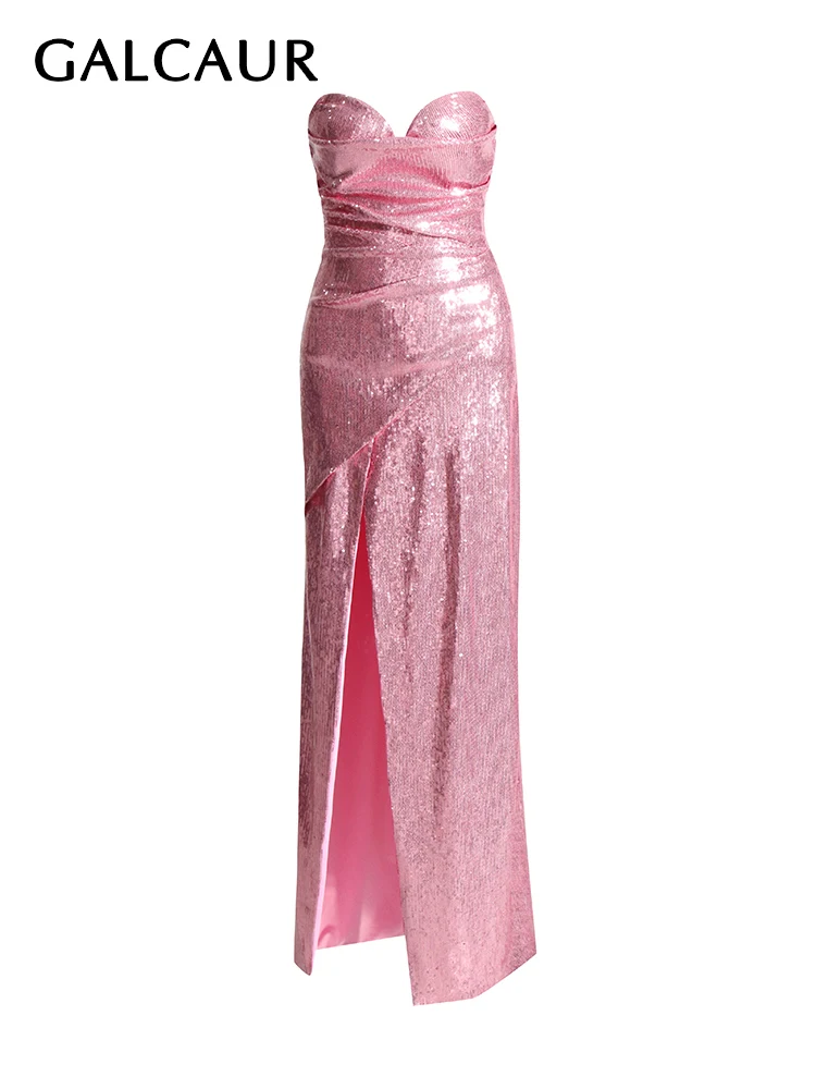 

GALCAUR Patchwork Sequins Solid Dresses For Women Strapless Sleeveless High Waist Sexy Solid Slimming Formal Dress Female New