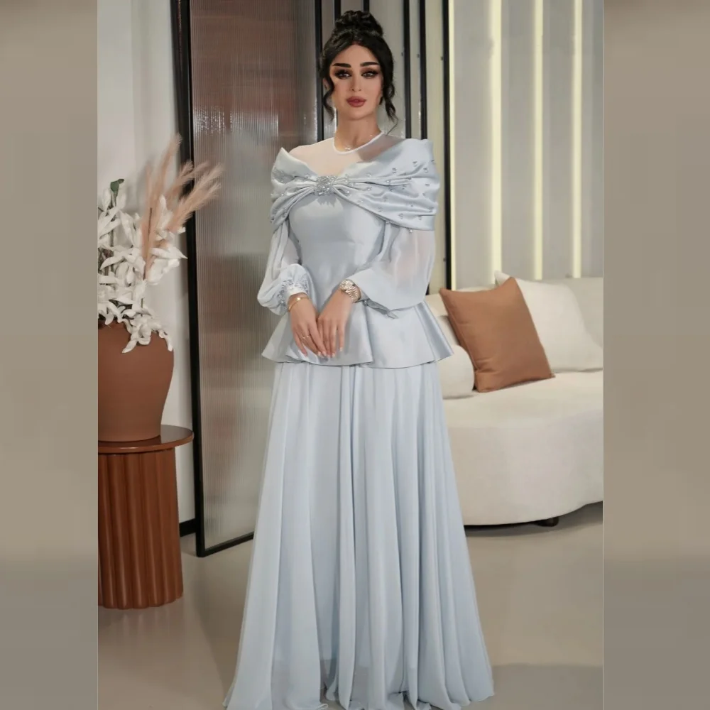 

Prom Dress Saudi Arabia Evening Satin Beading Draped Bow Pleat Engagement A-line O-Neck Bespoke Occasion Gown Long Dresses