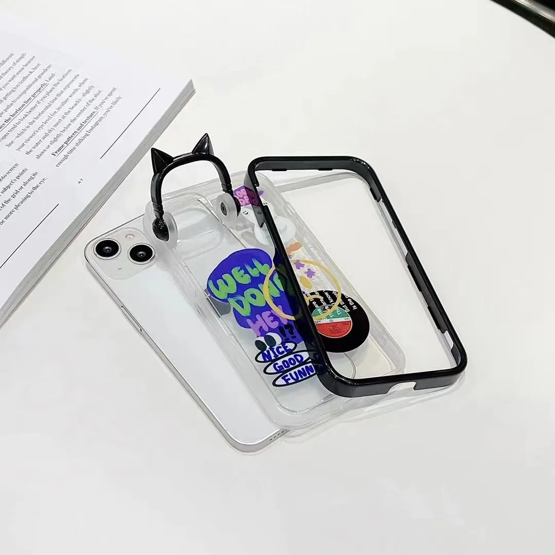 Imd Material Transparent Well Done Cartoon Stickers Cat Ear Phone Kickstand  Mobile Phone Case iPhone 11 12 13 PRO MAX 14 Plus