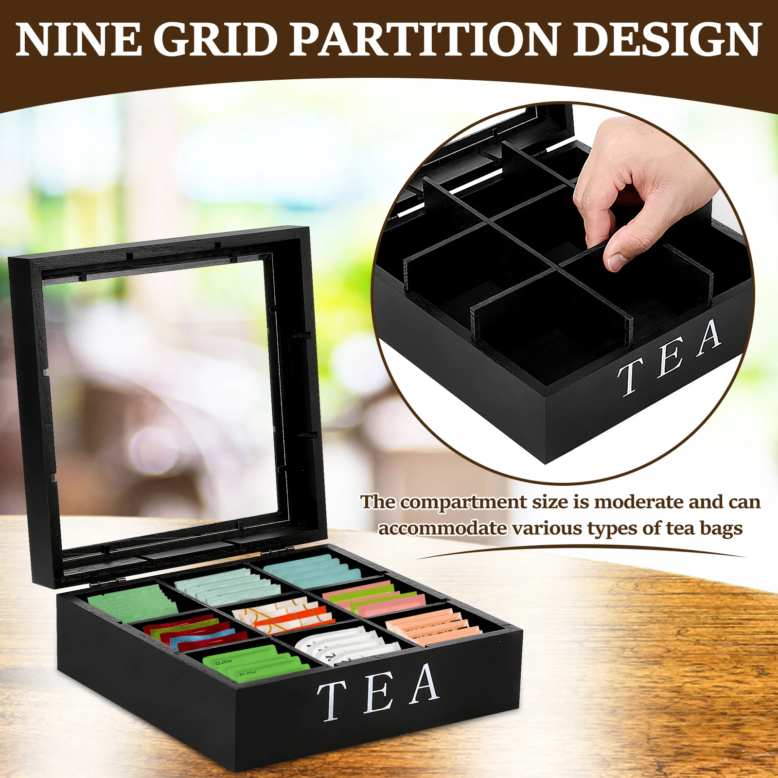 Wood Tea Bag Storage Box with Clear Lid 9 Compartments Square Container Desktop Jewelry Organizer Tea Box Case 2