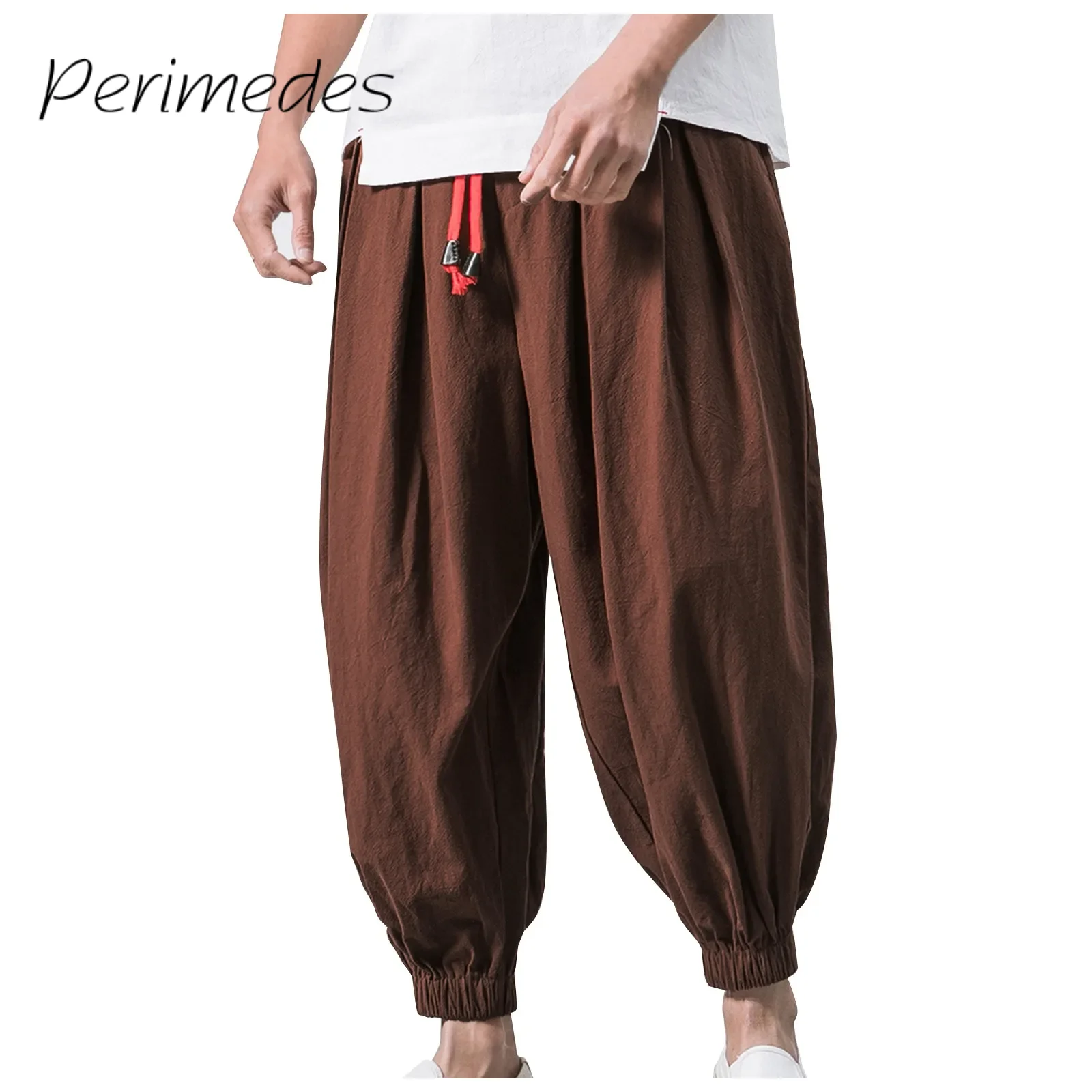 

Men'S Cotton Linen Casual 2024 Pants Loose Wide Legs Drawstring Elastic Waist Summer Trousers Solid Color Fashion Pantalones