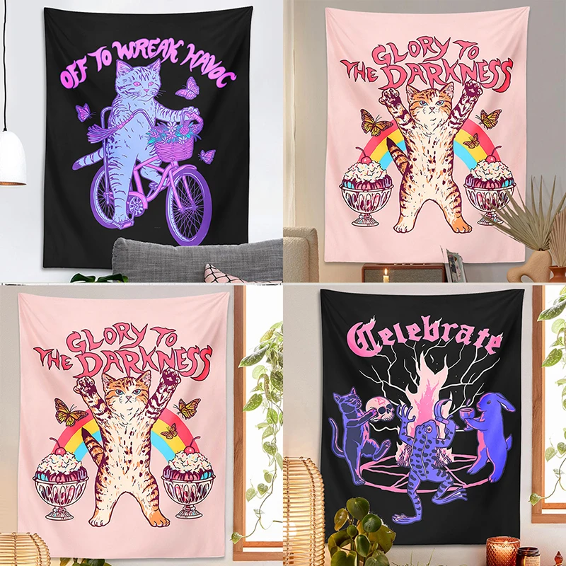 Tapestry decorations cute cat wall hanging rainbow sun aesthetic frog rabbit children's room girls dorm