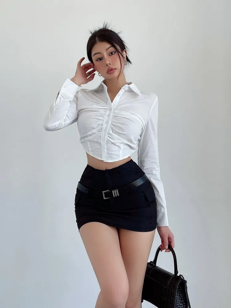 Black Stockings High Waist Pencil Skirt White Blouse Black Mini - Main Image