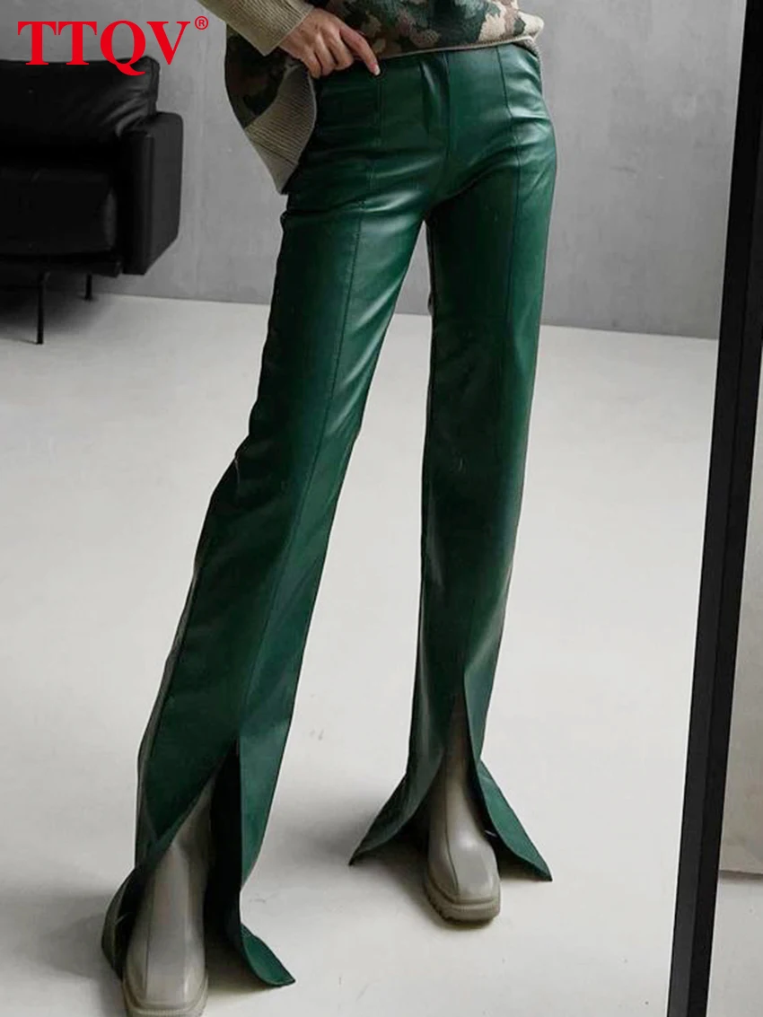 

TTQV Vintage Green Pu Leather Women'S Pants 2023 Fashion Slim Straight Full Length Pants Streetwear Elegant Slit Solid Trousers