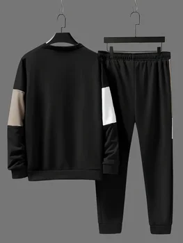 Men's color blocked 2-piece set, casual round neck long sleeved sweatshirt and sweatpants jogging pants set for winter and autum 2