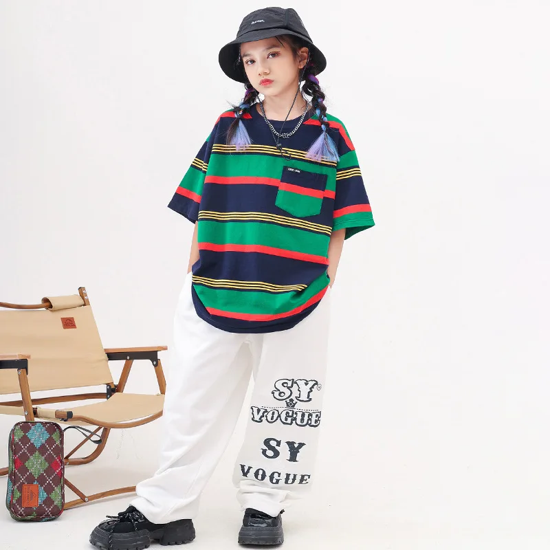 

New Summer Kids Kpop Hip Hop Clothing Baggy Striped T-shirt Jogger Shorts Pants Boys Girls Jazz Dance Costume 4-16Y