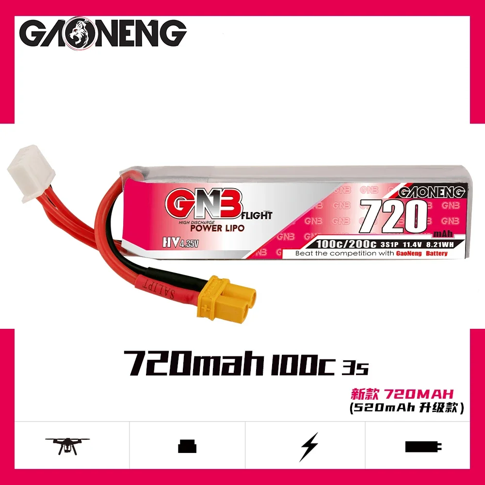Gaoneng Gnb 3S 720Mah 11.4V 100C/200C Hv Lipo Batteria Xt30 Spina Per Fpv Racing Drone 4 Assi Uav Quadcopter Rc Drone Parts