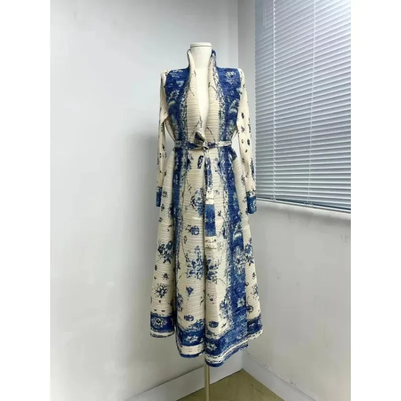 Miyake Pleated Long Sleeve Printed Dress Trench Coat Women 2023 Autumn Winter New Original Designer Turndown Collar Belted Coats