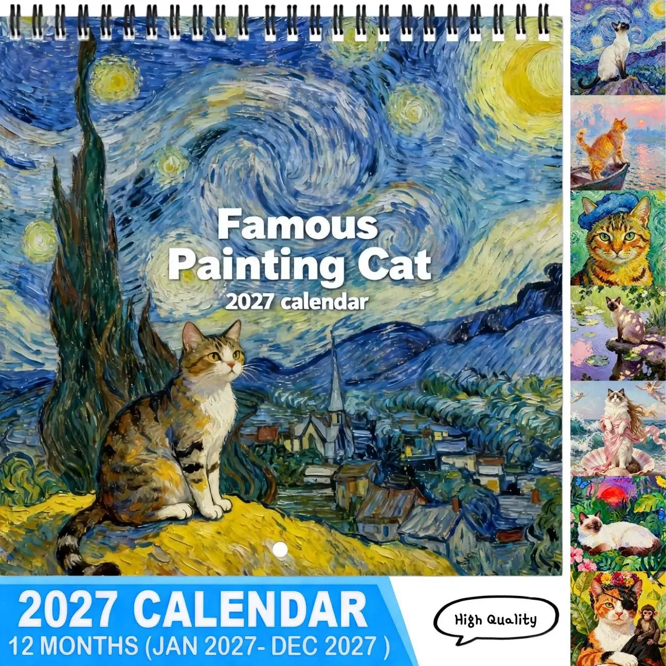 Calendario da Parete 2027 con Famosi Dipinti di Gatti, 12 Mesi (Gennaio-Dicembre), Calendario Artistico a Spirale da Appendere, Regalo per Amanti dei Gatti, Decorazione per Casa e Ufficio - immagine 3