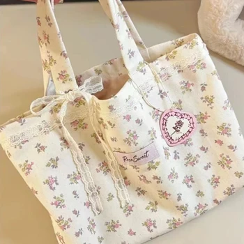Borsa tote stampata di grande capacità Moda dolce con borse portaoggetti con fiocco in pizzo Borsa in tela 1