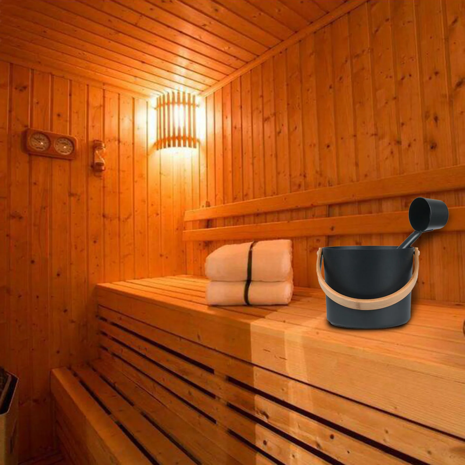 Description Picture 2 of item5L Aluminum Sauna Bucket and Ladle with Wooden Handle SPA Bathroom Accessories