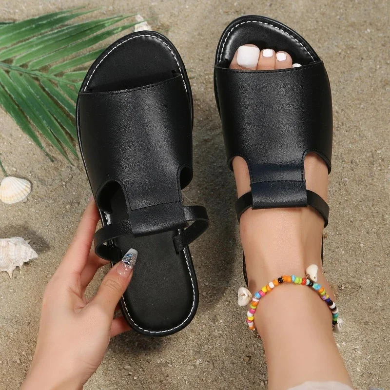 2025 summer new casual fashion solid color open toe slippers simple non-slip women's low heeled sandals