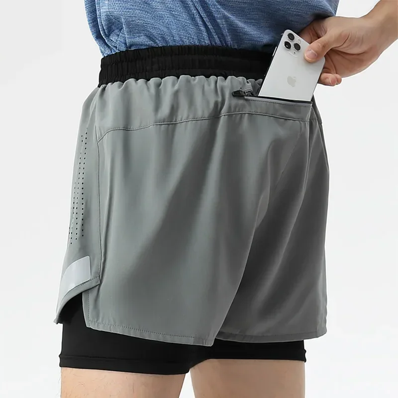 2 in 1 Men's Double Short Pant Beach Sweat Shorts with Pocket Outdoor Go Hiking Sweatpants Marathon Athletics Trousers