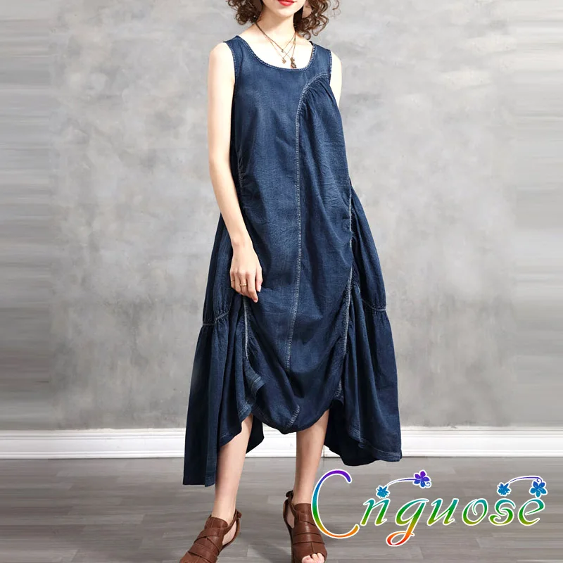 

Summer Dress Women Casual Vintage Retro Asymmetric Pleated Jeans Denim Irregular Vest Sleeveless Women Midi Dress for Womens