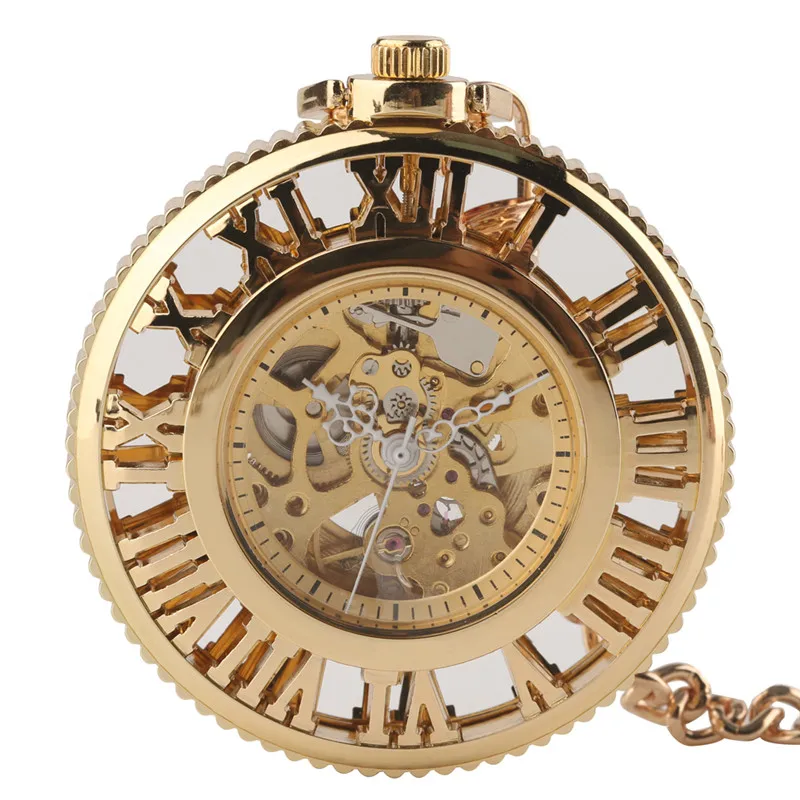 Steampunk Golden Hollow Automatic Mechanical Pocket Watch for Women Men Hollow Roman Number Dial Clock Pendant Necklace Chain