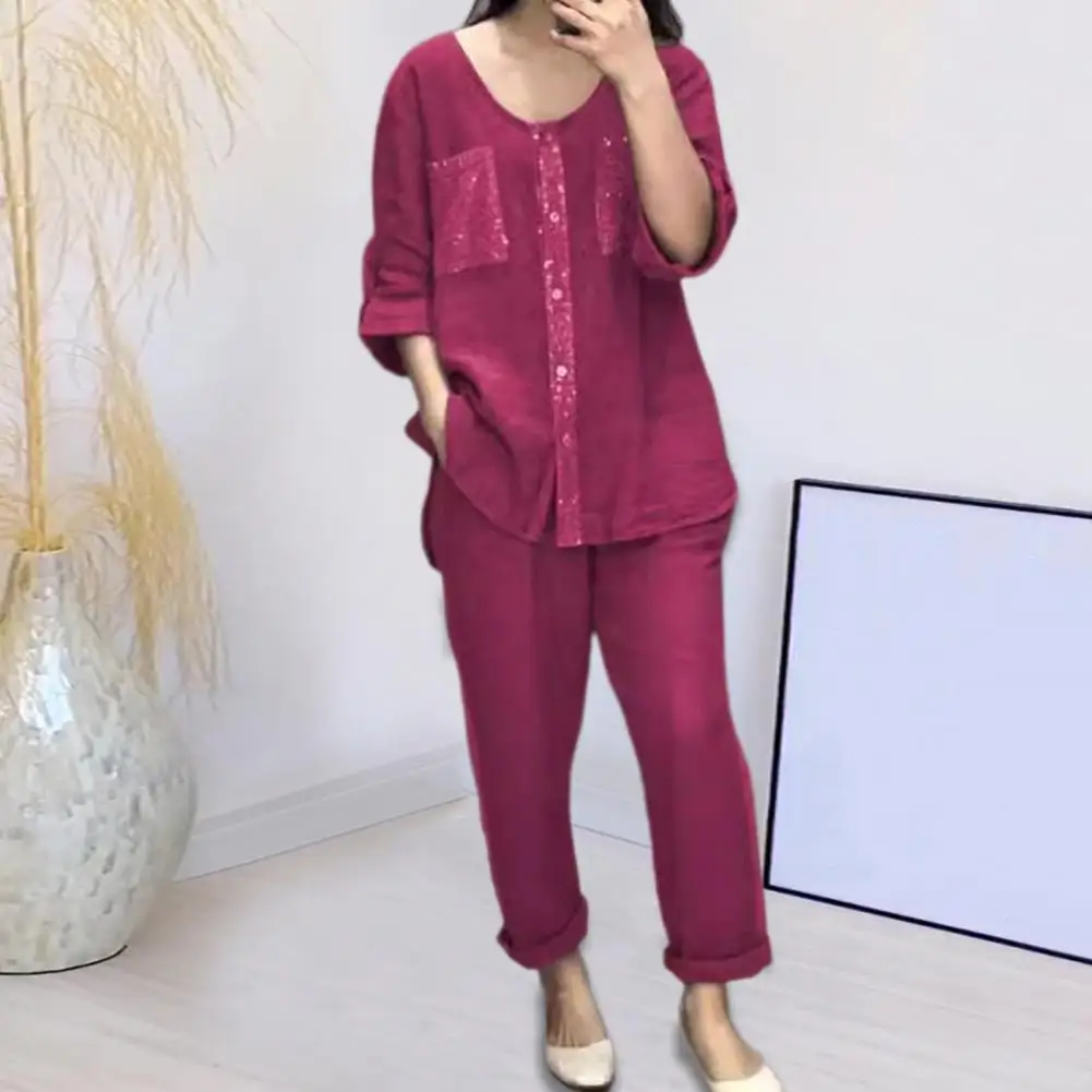 Women Shirt Pants Set Women's Sequin Top Wide Leg Pants Set with Adjustable Waist Shiny Three Quarter Sleeve T-shirt for Stylish