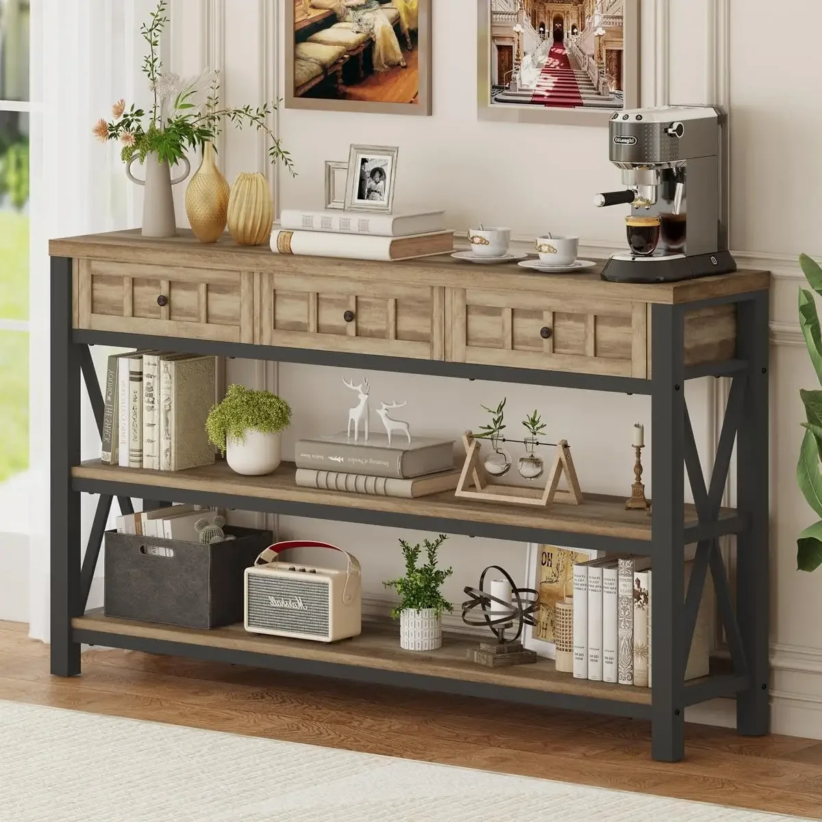 Industrial Console Table for Entryway Rustic Sofa Table with 3 Drawers for Living Room Farmhouse Hallway Couch Table