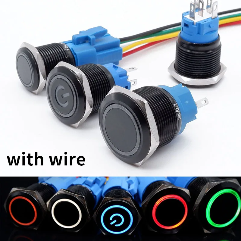 Black Push Button Switch with Wire Led Light 16/19/22mm Waterproof Illuminated  Metal Latching Momentary 5V 12V 220V Red Blue