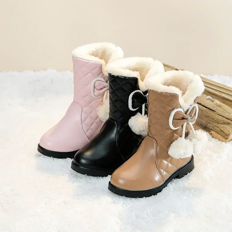 Girls Warm Boots with Bow 2025 Winter New Kids Snow Boots with Fur Plush  Fashion Children Princess Boots Waterproof Platform