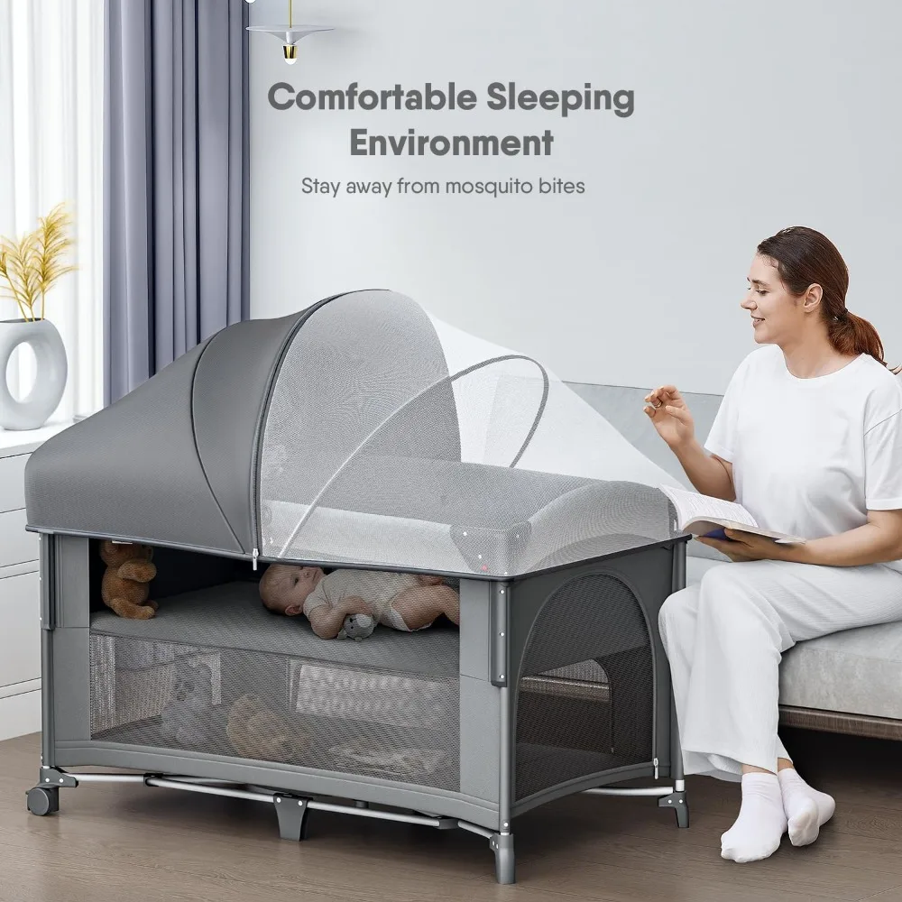 4 in 1 Baby Bassinet, Pack and Play, Bedside Crib Sleeper, Diaper Changer - Comes with Mattress, Mosquito Net，Bottom Storage 4