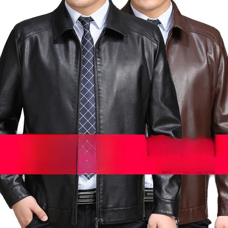 Haining True Good Leather Jacket Men's Mid-Aged Loose Thickened Autumn Winter Dad Men's Clothing Thin Leather Coat - 4