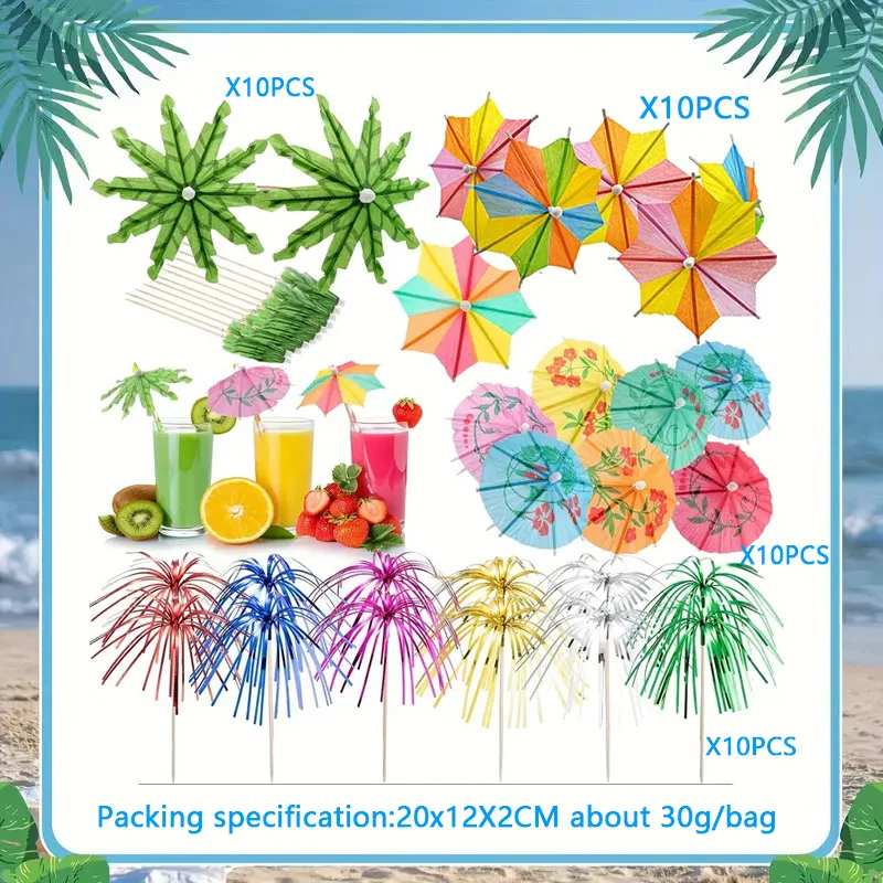 Hawaiianische Papier-Regenschirm-Cocktail-Picks, Cupcake-Topper für den Sommer, tropische Geburtstagsfeier, Dekoration, Zubehör, Lebensmittel-Obst-Picks – Detail 8
