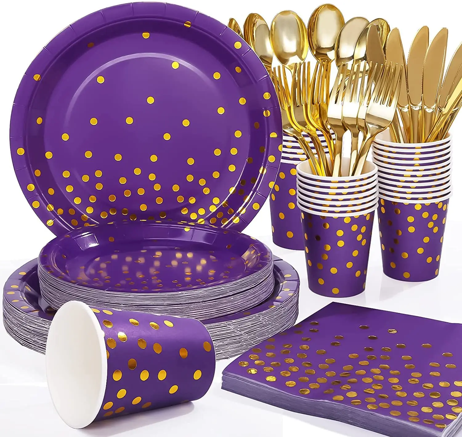 

Purple Gold Point Printed Disposable Tableware Plates Party Decor Paper Plates Cups Happy Girls 1st Birthday Party Supplies Kids