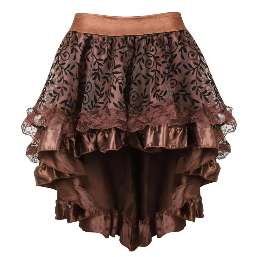 Gothic Floral Lace Ruffled Skirt Asymmetrical High Low Skirt Steampunk Pirate Skirts Halloween Costumes Plus Size