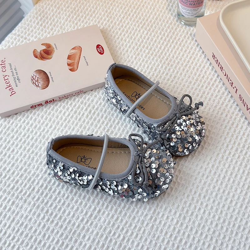 Girls Shoes Kids Glitter Leather Shoes for Wedding Stage Party Sequins Bling Shiny with Bow-knot Princess Soft Children's Flats