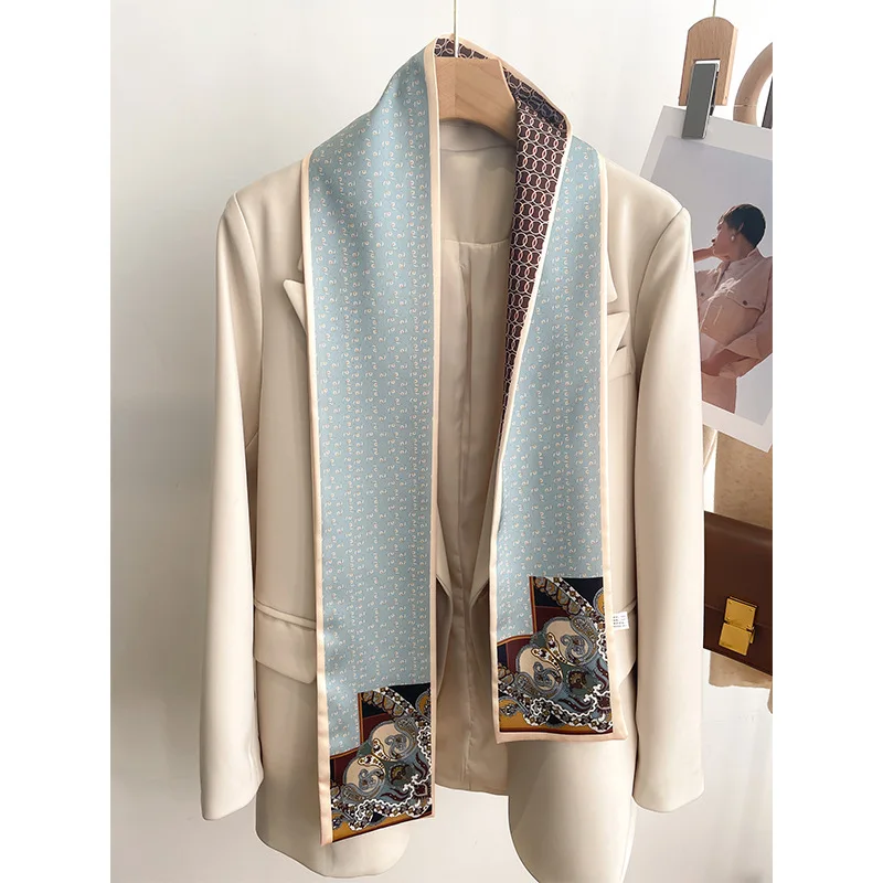 women's silk printed long narrow scarf