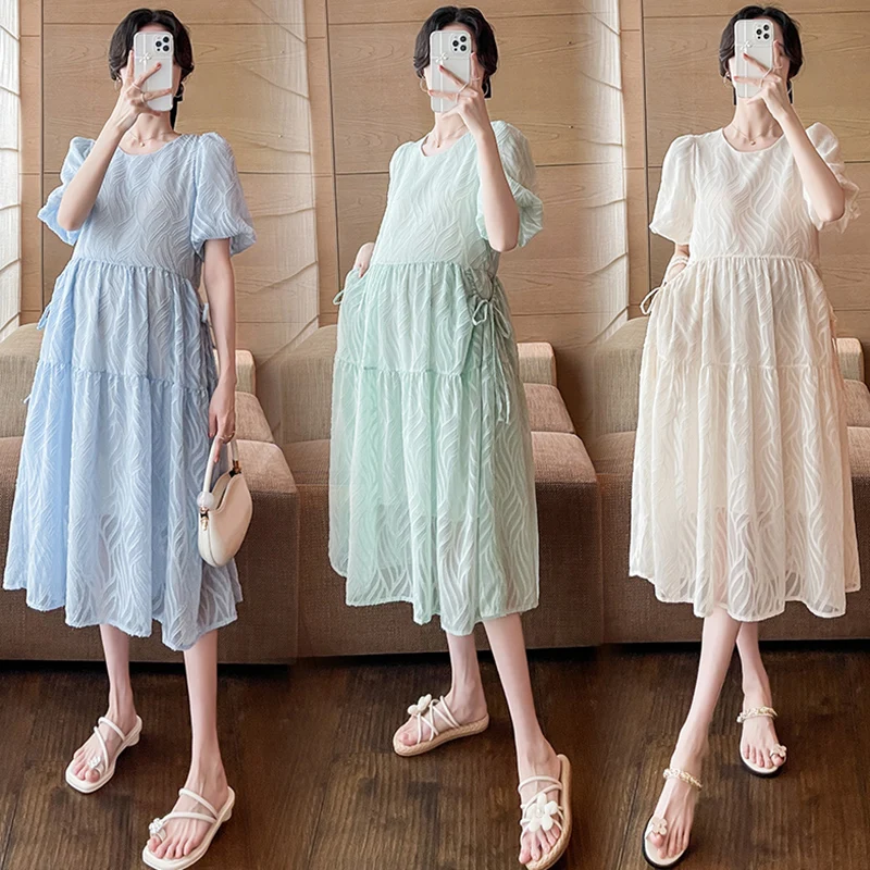 

2024 Summer Loose Maternity Dobby Dress Short Sleeve O-Neck Pregnant Woman Chiffon Dresses Pregnanct Beach Dress Holiday Clothes