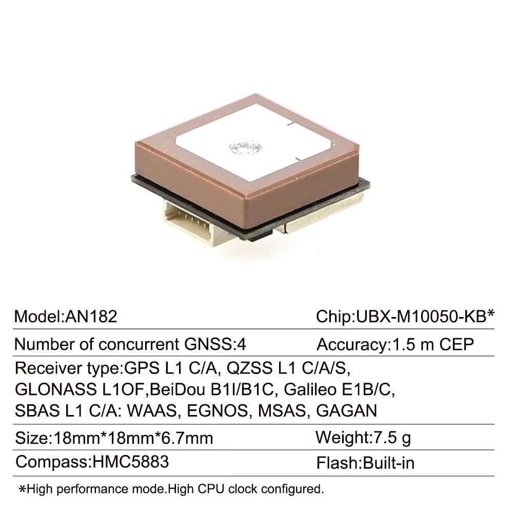 Module GNSS AN182 avec boussole QMC5883L, installé sur un drone, avec les câbles de connexion visibles.