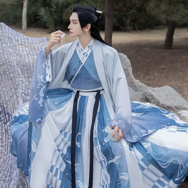 

Yourqipao Men Hanfu Costume Chinese Traditional Dynasty Male Cosplay Dance Dress Halloween Outfits Blue For Men Plus Size Sets