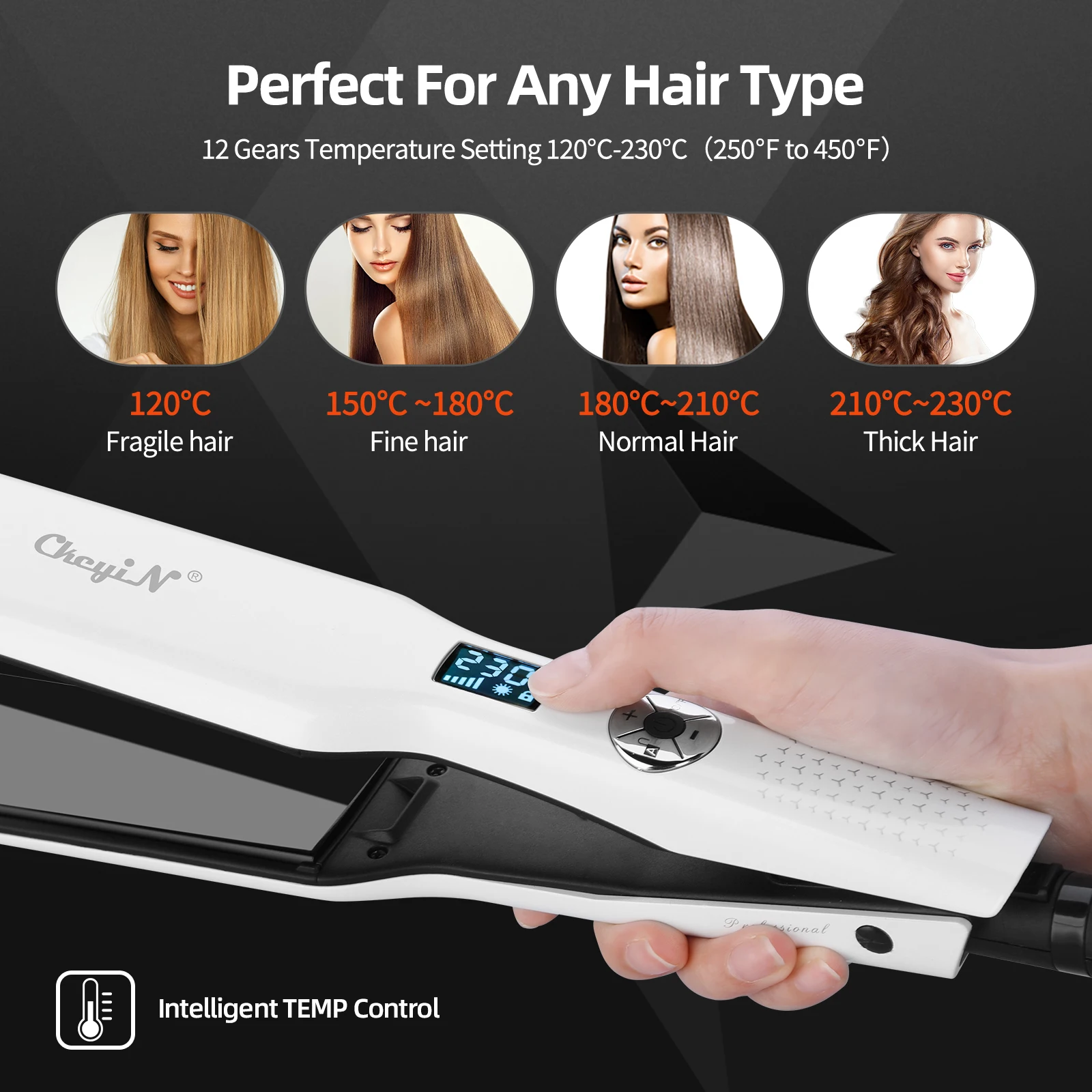 CkeyiN 44mm Tourmaline Ceramic Hair Straightener LCD Display Fast Heating Flat Iron Adjustable Temperature Straightening Iron 3