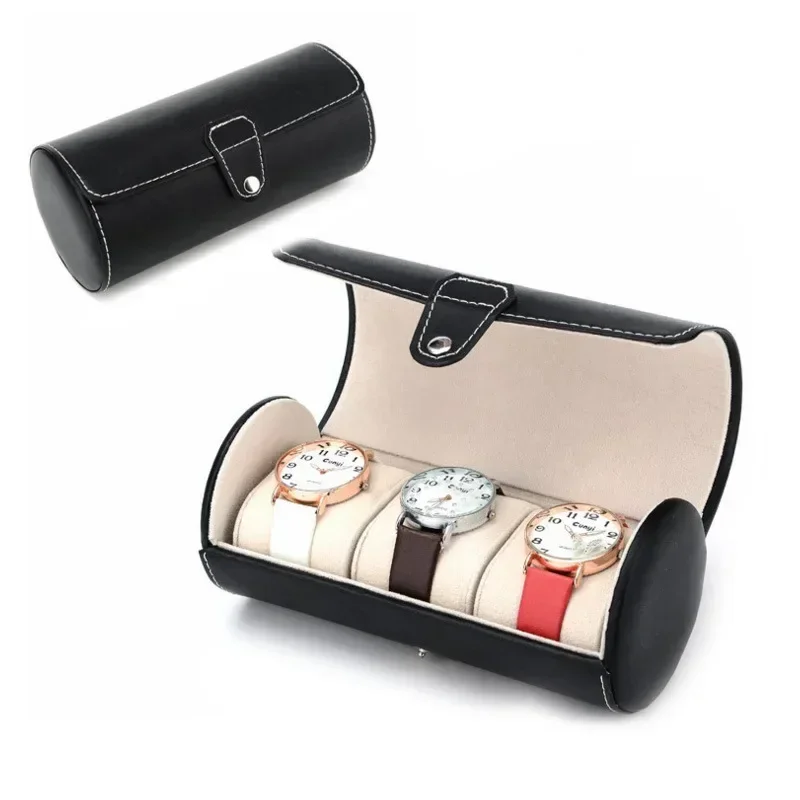 

3 Grids Slots Cylindrical PU Watch Storage Box Watch Organizer BOX Elegant Watches Collection Gifts Organizer Box