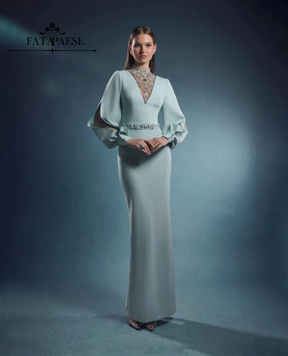 FATAPAESE Luxury Evening Dresses Crystals High Neck Light Blue Prom Dresses Long Split Sleeve Engagement Dress for Wedding Party - AliExpress 320 FATAPAESE Luxury Evening Dresses Crystals High Neck Light Blue Prom Dresses Long Split Sleeve Engagement Dress for Wedding Party - AliExpress 320
