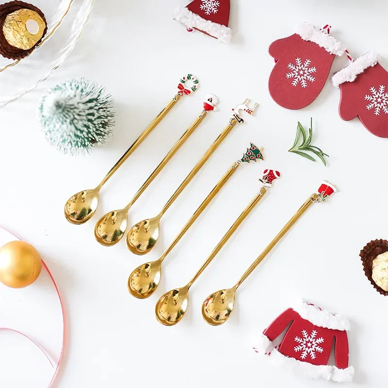 New Year Stainless Steel Christmas Spoons Xmas Party Coffee Spoon with Christmas pendant Decorations Noel Gift
