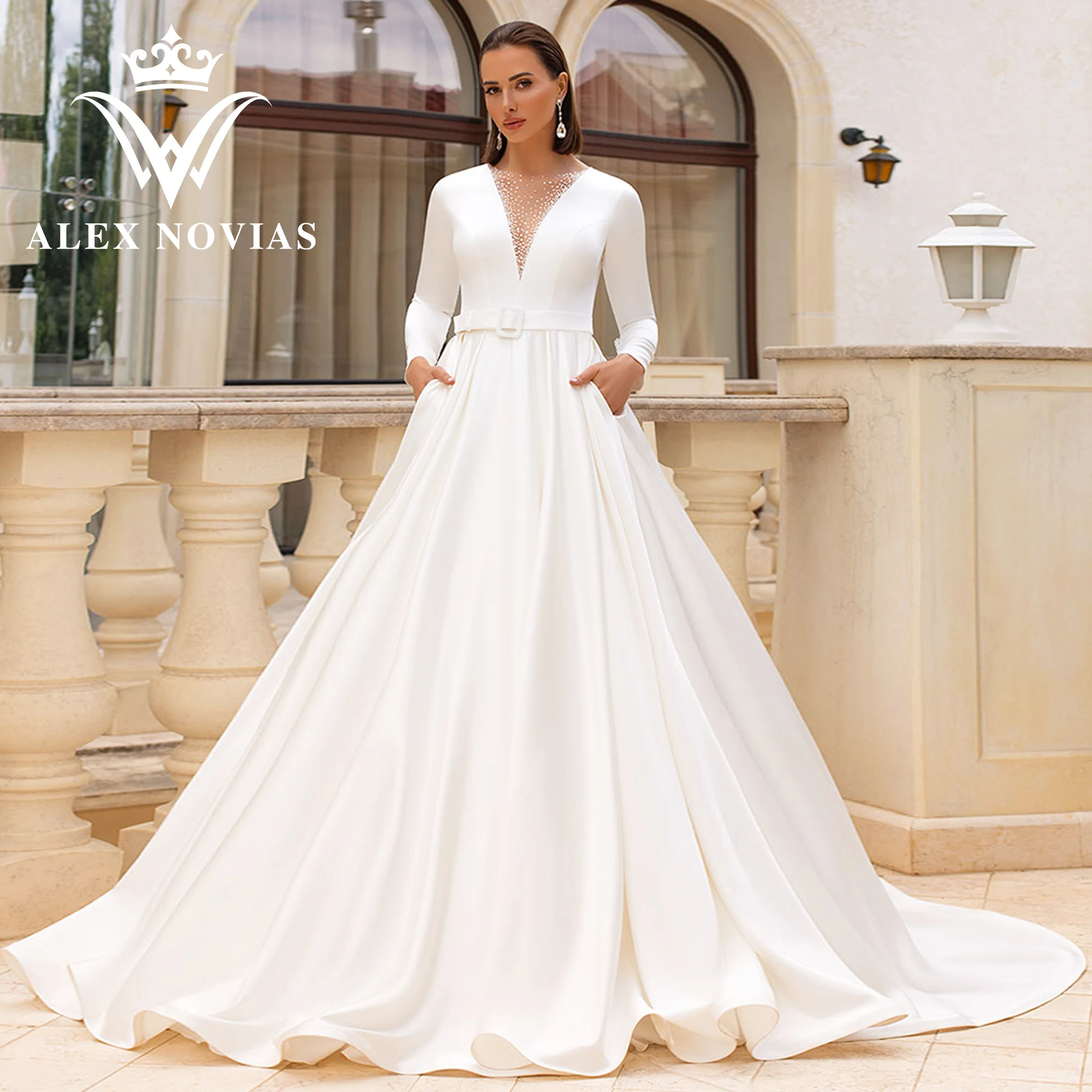 

Бальное платье ALEX NOVIAS с длинным рукавом, свадебное платье 2023, шикарное атласное платье для выпускного вечера с глубоким V-образным вырезом, блестками и карманами
