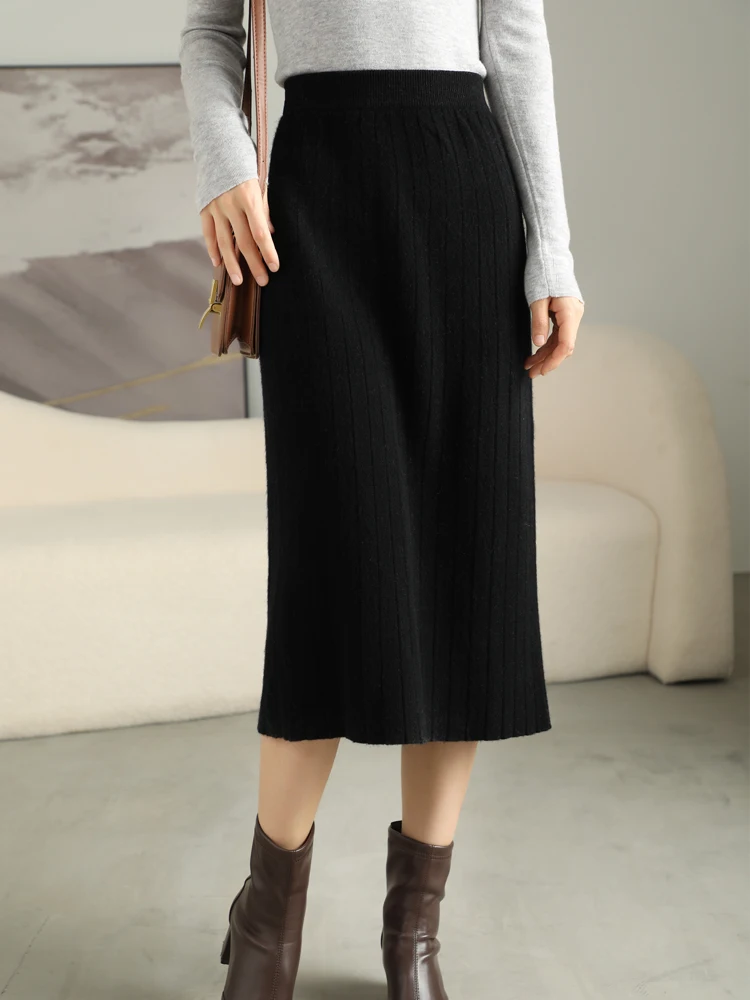 Naiste 100% Meriinovillast poolpikk seelik laia pikitriibuga M-XL 3