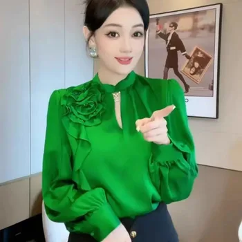 우아한 O넥 할로우 아웃 프릴 랜턴 슬리브 블라우스, 오버사이즈 캐주얼 상의, 오피스 레이디 셔츠, 여성 의류, 2023 여름 신상