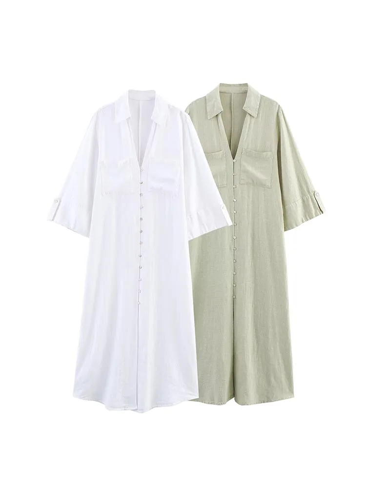 717888-54b77e.jpg 2025 Women Summer Shirts Dress Vintage Solid Linen V-Neck 3/4 Sleeve Loose Female Elegant Street MIDI Dresses Clothing - Image 1