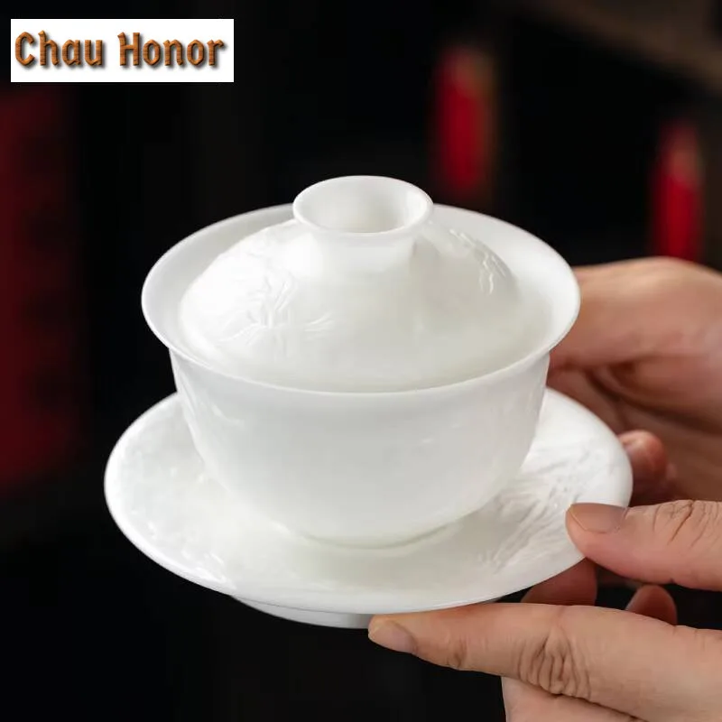200ml Boutique Ice Seed Jade Porcelain Gaiwan Handmade Relief Carving Landscape Tea Tureen Tea Maker Cover Bowl Drinkware Craft