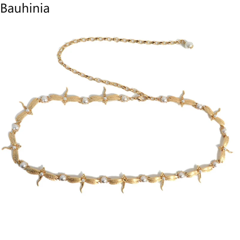 

Bauhinia New Noble Ladies All-match 110*3cm Metal Chain Belt Fashion Dragonfly Pearl Buckle Decorative Thin Belt For Women