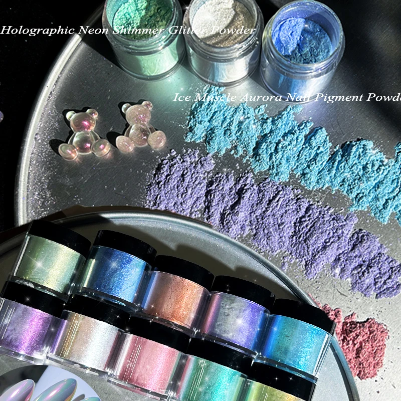 10 Colori Neon Shimmer Aurora Glitter Powder Ice Muscle Multicolor Aurora Powder Untra-Fine Mirror Effect Chrome Aurora Sfregamento