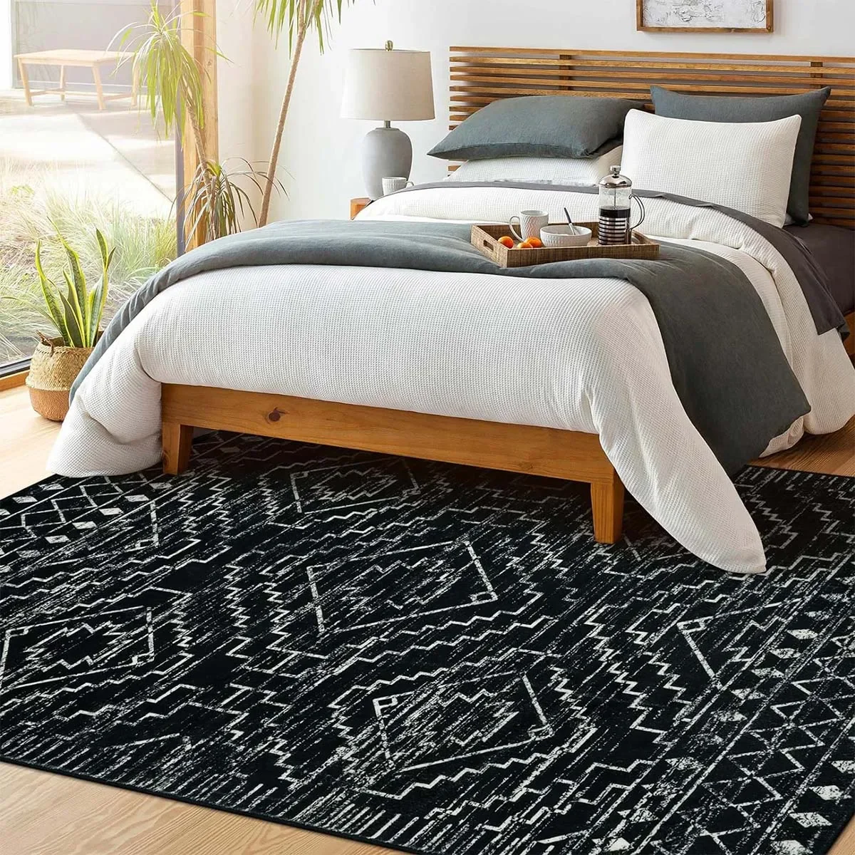 Bohemian Carpet for Living Room, Soft, Short, Plush, Non-slip, Area Rugs, Machine Washable, Black, Retro Ethnic, Bedroom, Home 3